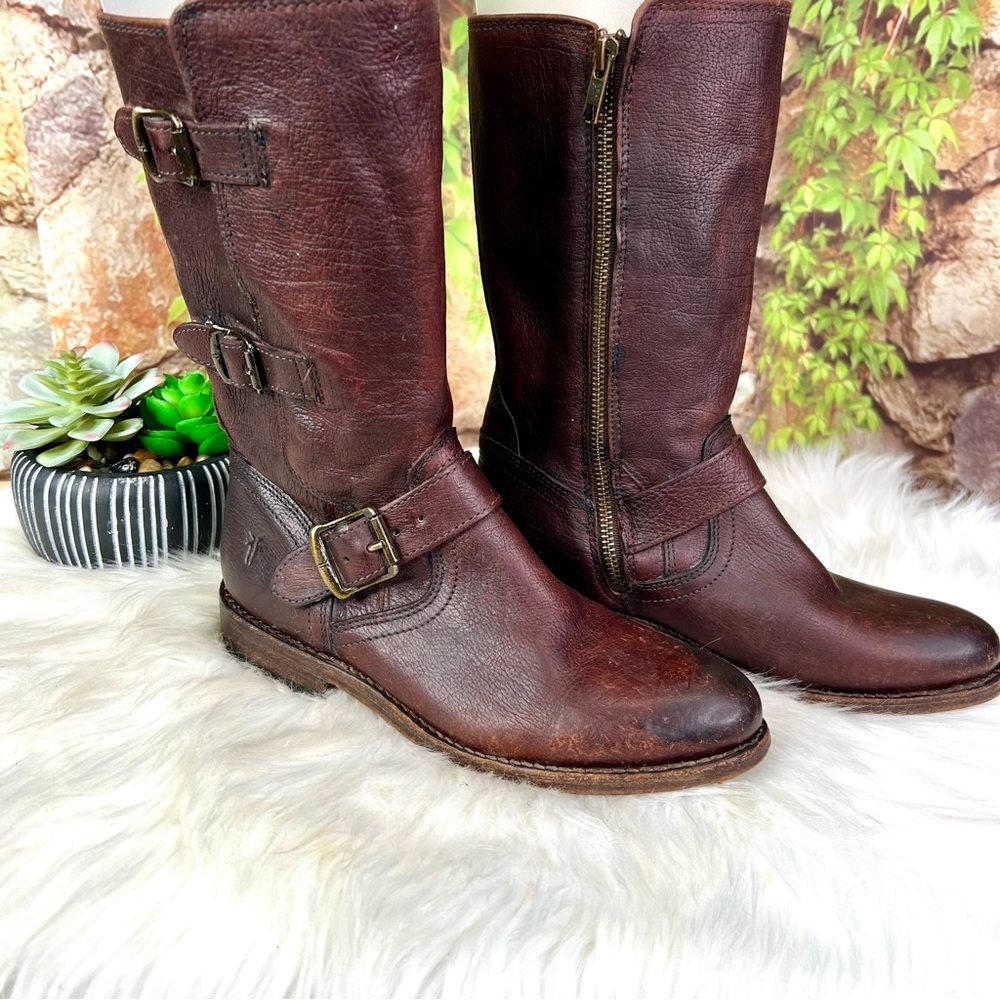 FRYE Brown Jaden Cuff Classic Heritage Buckle Leather Moto Boots, 6.5B - Picture 3 of 14